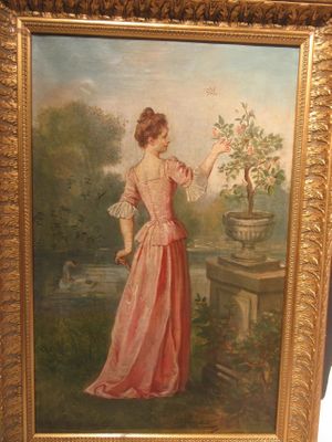 a painting of a woman in a pink dress holding a flower