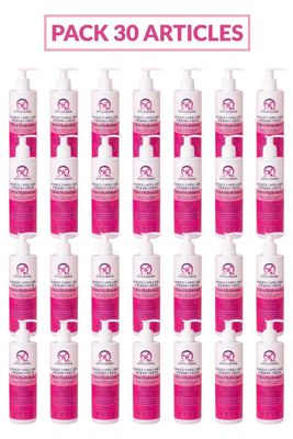 lot de 30 flacons de produits de soins capillaires avec des étiquettes roses