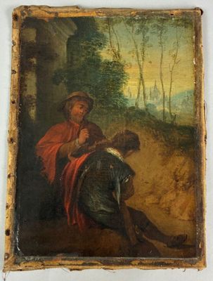 an old painting of a man sitting on the ground next to a woman
