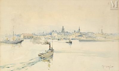 painting of a boat in a body of water with a city in the background