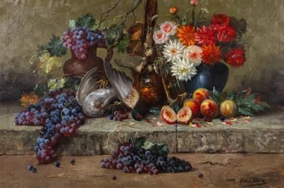 tableau représentant une nature morte composée de fleurs et de fruits posés sur un rebord
