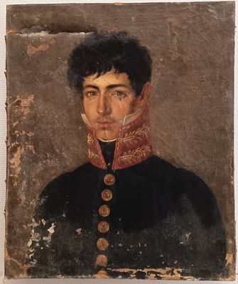 portrait of a young man in a black coat with a red scarf