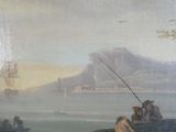 a painting of a man fishing on the water