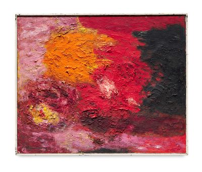 an abstract painting of red, yellow, and black on a white background