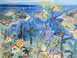 an image of a painting of a view of the ocean and mountains