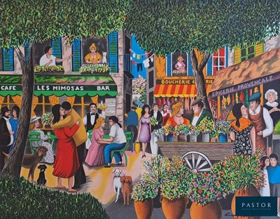 painting of a street scene with people and a horse drawn carriage in the foreground