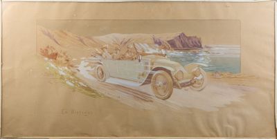 tableau représentant une vieille voiture roulant sur une route près de l'océan