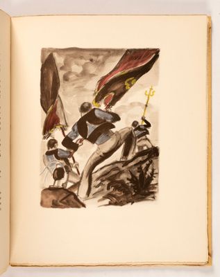 un livre ouvert sur lequel figure le dessin d'un homme à cheval tenant un drapeau