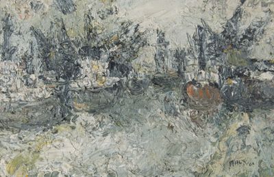 un tableau représentant un cheval dans un champ, avec des arbres en arrière-plan
