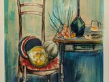 a painting of a chair with a bowl of fruit on it