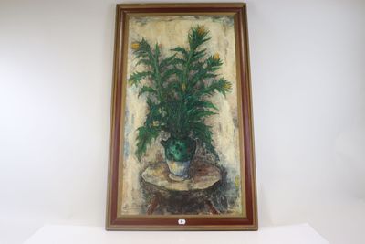 a painting of flowers in a vase on a table