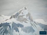 a watercolor painting of a mountain with snow on it