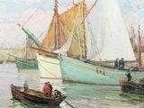 a painting of a group of boats in the water