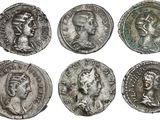 six ancient roman coins with heads of men and women on them