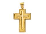 a close up of a cross pendant on a white background