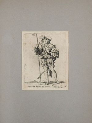 an old drawing of a man with a sword and a hat