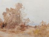 a watercolor painting of a dirt road with trees in the background