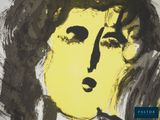 an image of a painting of a woman ' s face with a yellow background