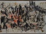 peinture abstraite représentant un paysage urbain en noir et rouge sur fond blanc