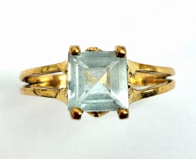 an image of a gold ring with an aquamarine stone