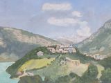 a painting of a view of a town on a hill