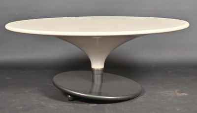an image of a white table with a black base