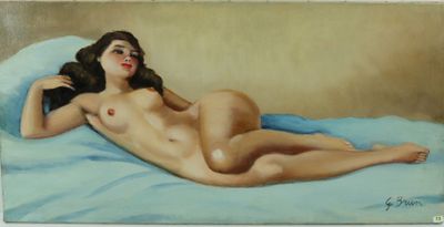painting of a nude woman laying on a bed with a blue sheet