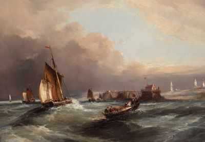 un tableau représentant des bateaux sur l'eau, avec un phare en arrière-plan
