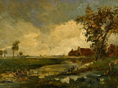 tableau représentant une scène de vie à la ferme, avec un ruisseau qui coule au premier plan