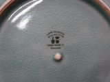 a blue plate with a brown handle and a white dot