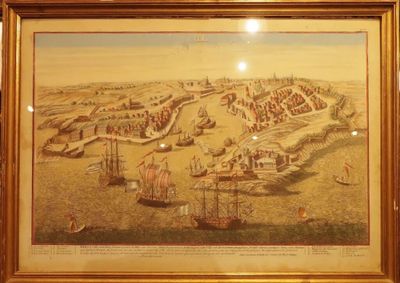 tableau représentant une vue de ville avec des bateaux au premier plan