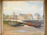 une peinture de bateaux sur la plage au bord de l'eau
