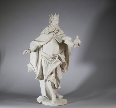 Statue de Charlemagne en tilleul sculpté et rechampi blanc, … - Photo 1