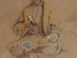 painting of a man sitting on a stool with a cigarette in his hand