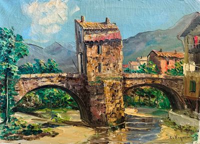 une peinture représentant un pont au-dessus d'une rivière avec des bâtiments à l'arrière-plan