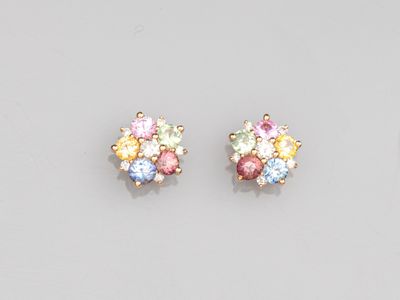 a pair of multicolored sapphire and diamond earrings