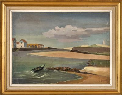 une peinture à l'huile représentant un bateau sur l'eau, près d'une plage