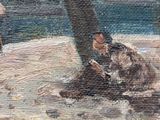 a painting of a man and a dog sitting under a tree