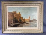 une peinture à l'huile représentant une vue de ville avec un bateau sur l'eau