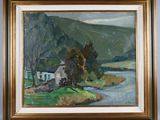 an image of a painting of a house by a river
