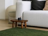 un canapé blanc et un tapis vert dans un salon