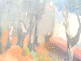 a painting of a bench in the middle of a park