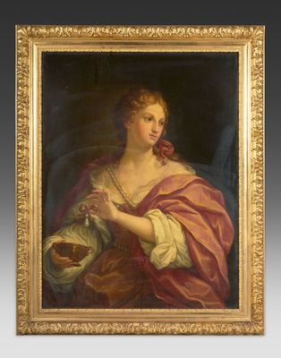 une peinture représentant une femme tenant un panier à la main