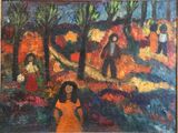 painting of a painting of a woman in a yellow dress in a park