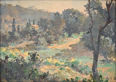 une image d'un tableau représentant un paysage avec des arbres au premier plan