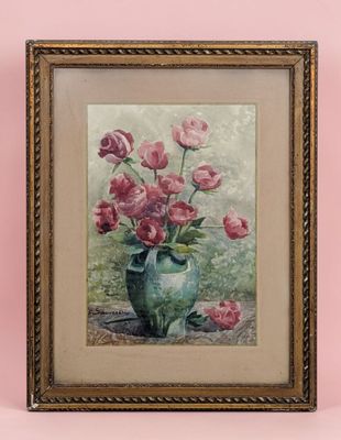 painting of pink roses in a green vase on a pink background