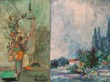 deux tableaux représentant des fleurs dans un vase posé sur une table, à côté d'un tableau représentant un paysage