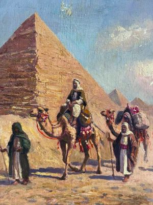 painting of a group of people riding camels in front of a pyramid