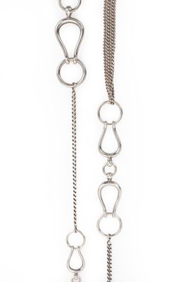 a close up of a silver chain with a clasp on a white background