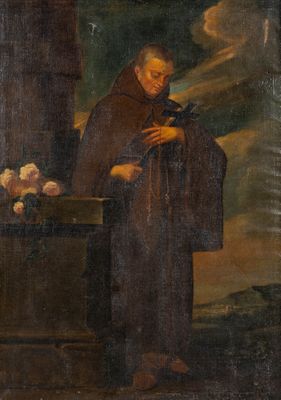 an old painting of a man standing in front of a fruit stand
